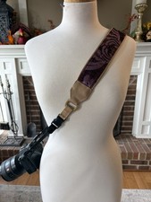 The  Plum Damask" Camera Strap: Elegant Velvet, Vegan Leather, Gold Hardware