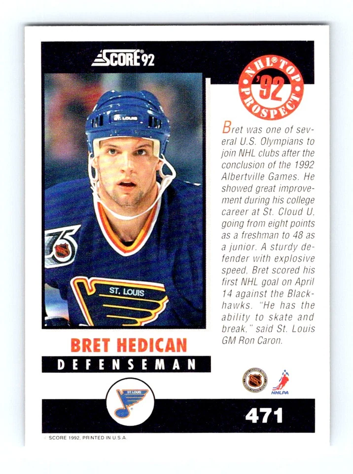 #471 1992-93 Score - Bret Hedican RC Blues - Image 2 of 2
