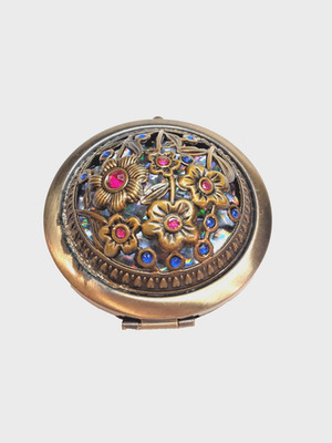 VTG Style-Antique Bronze-Jeweled Compact Mirror   Floral Filigree & Rhinestones