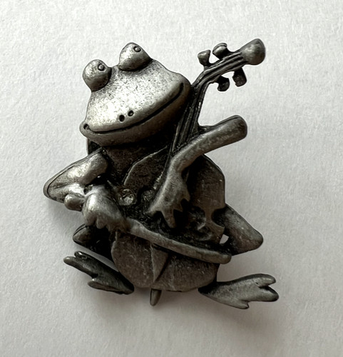 Vintage Frog Playing Chello Pin for Hat Jacket, Signed JJ Jonette, Cute,
