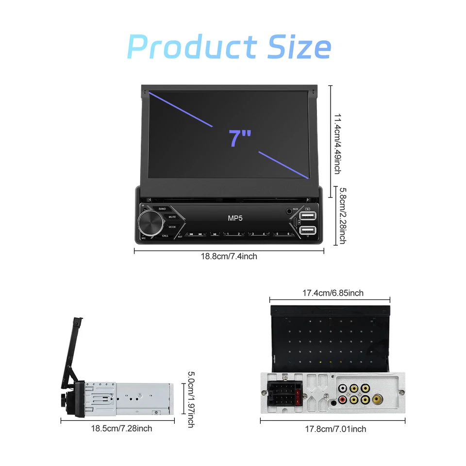 Radio estéreo para automóvil con pantalla táctil abatible de 7" única 1 DIN Bluetooth Carplay + cámara Foto 2 de 4
