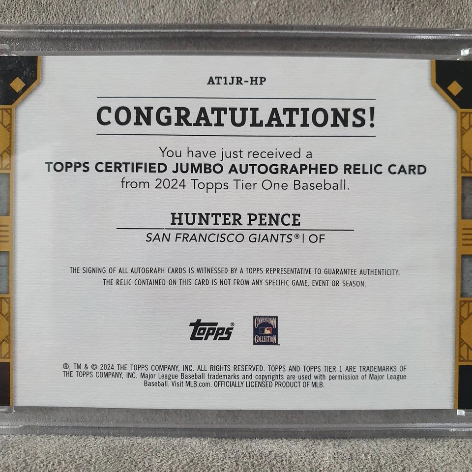 Tarjeta de reliquia automática Jumbo #3/99 2024 Topps Tier One de béisbol con certificación de peniques Foto 4 de 4