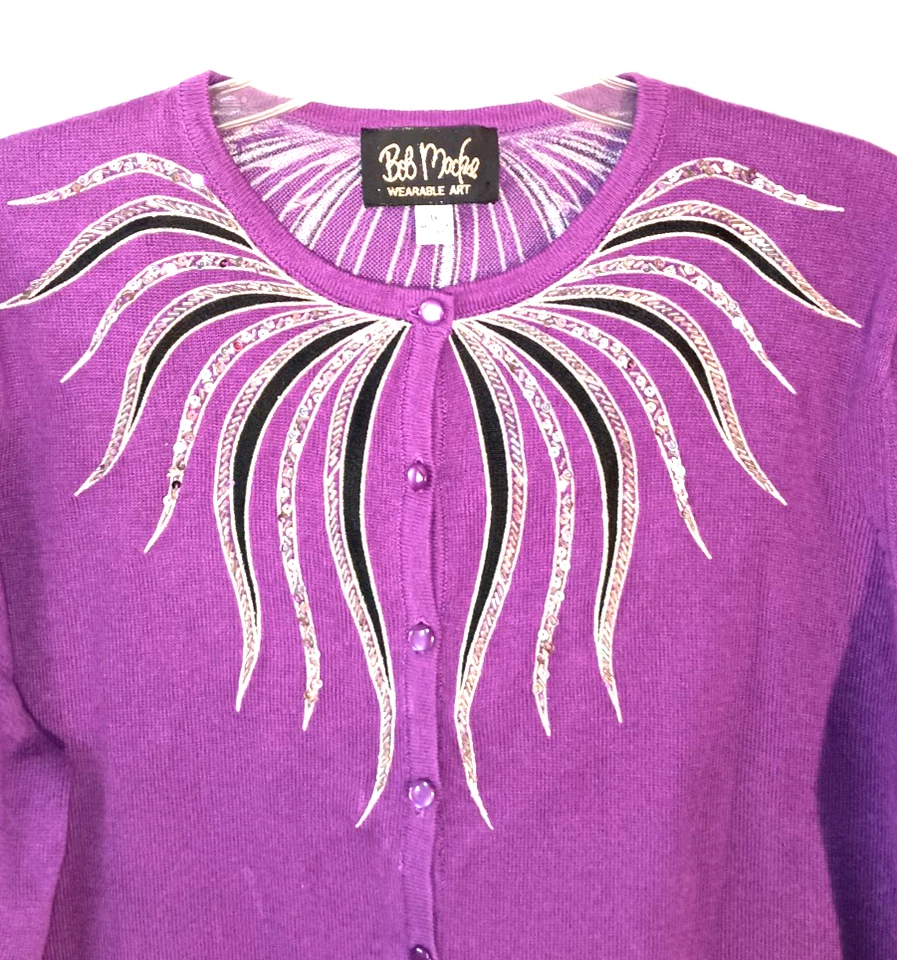 BOB MACKIE WEARABLE ART PURPLE EMBROIDERED EMBELLISHED BUTTON DOWN SWEATER 1X - Image 4 of 4