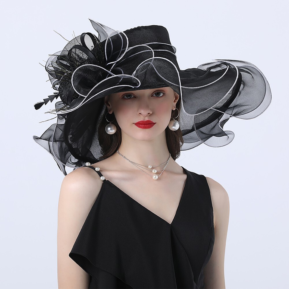 8264 Black Organza Church Fascinator Hats For Women Sun Bucket Hat Banquet Black Organza Church Fascinator Hats For Women Sun Bucket  main image 4