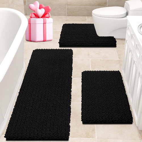 Upgrade Extra Large Black Bathroom Rug Set 3 Pieces Ultra Soft, Thick Absorbent