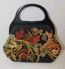 Vintage 1960's Tapestry Floral Handbag BLACK WOOD Handles Cottagecore Granny