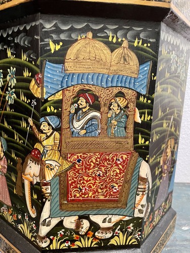 VINTAGE PERSIAN INDIAN MUGHAL OIL PAINTING ON WOODEN PLANTER OCTAGON BOX - Picture 4 of 15