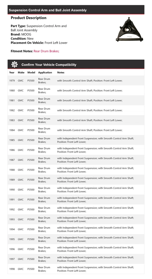For 1979-1998 GMC P3500 Control Arm  Ball Joint Assy Front Left Lower MOOG  - Image 2 of 4