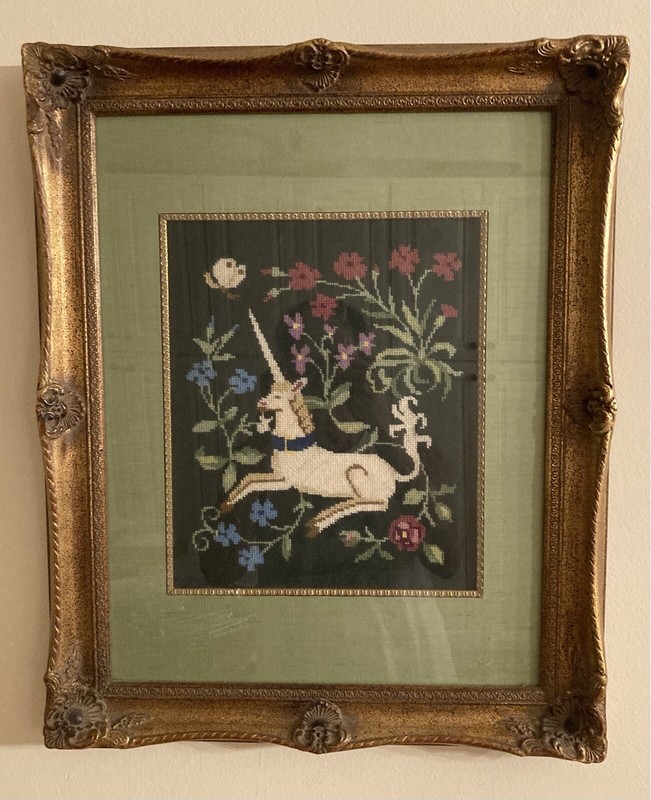 Unicorn Needlepoint In Ornate Gold Gilt Frame. One Of A Kind. Early 1980’s