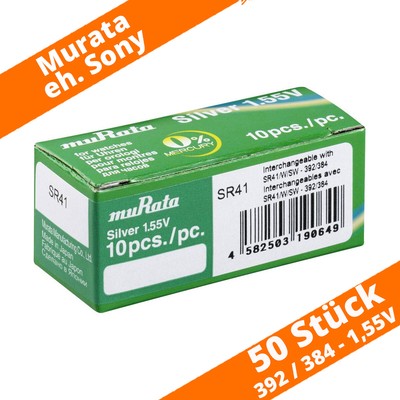 50 x Murata Sony 392 384 Uhrenbatterien 1,55 V SR41SW W AG3 Silberoxid eh Sony