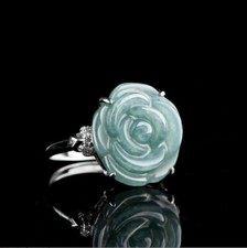 Certified Green Natural A Jade jadeite S925 Silver Inlay Carved Rose Flower Ring