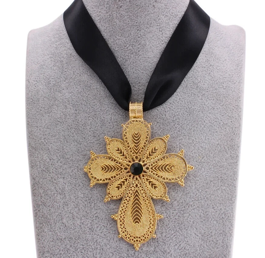 Gold Plated Cross Filigree Pendant / Black Rope Chain / Velvet Bag - Image 2 of 4