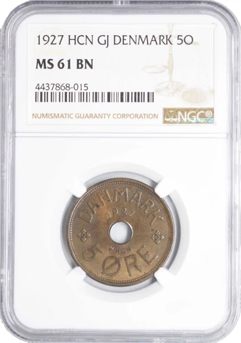 1927 HCN Denmark 5 Ore MS61 BN NGC KM# 828 UNC
