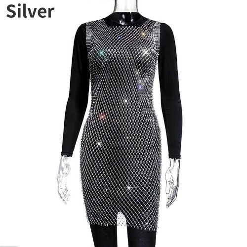 Damen Strass Netz Fischernetz Kleid ärmellos hohl aus Abdeckung Mini Bodycon - Bild 20 von 36