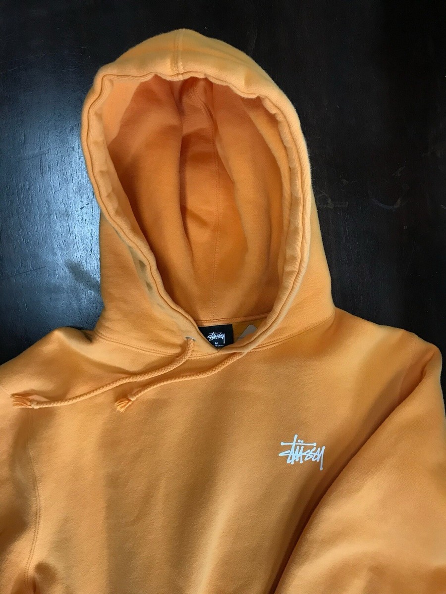 STUSSY Orange Printed Logo Hoodie Jumper Small Front And Back