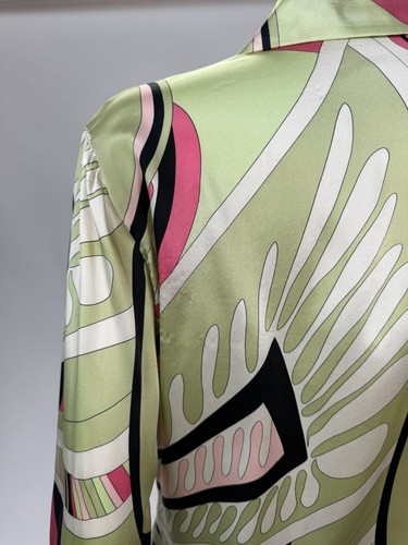 Silk Patterned Blouse By Kasper Size 6 - Green & Pink Design French Cuff Blemish - Picture 12 of 23