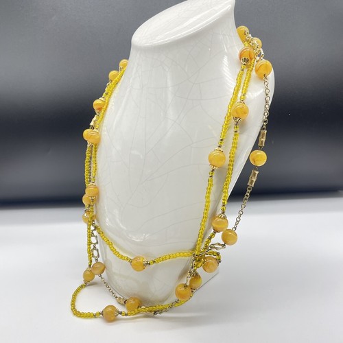 Vintage William deLillo Gold-Tone Yellow Glass 3 Strand Beaded Necklace - Picture 3 of 6