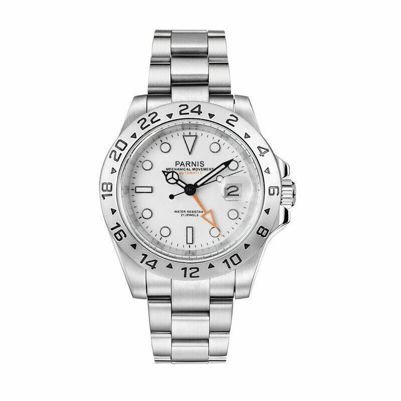 Sapphire Glass 40mm PARNIS White Dial Men's GMT Automatic Luminous
