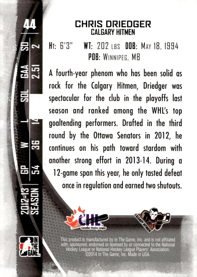 Chris Driedger - Signed 2013-14 In The Game Between The Pipes Card #44 - Image 2 of 2