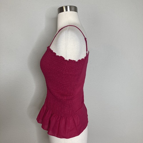 Anthropologie Maeve Top XS Pink Raspberry Linen Blend Smocked Peplum Cami - Picture 3 of 6
