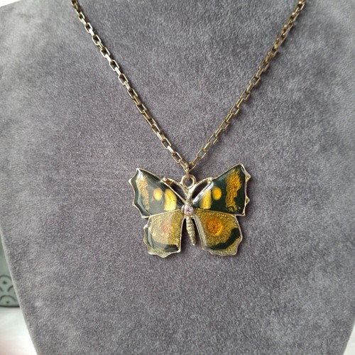 Enamel Butterfly Pendant Necklace Rectangle Chain Bronze Tone Retro Rhinestone - Picture 11 of 20