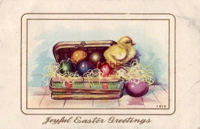JOYFUL EASTER GREETINGS chick in basket of colored eggs 1911