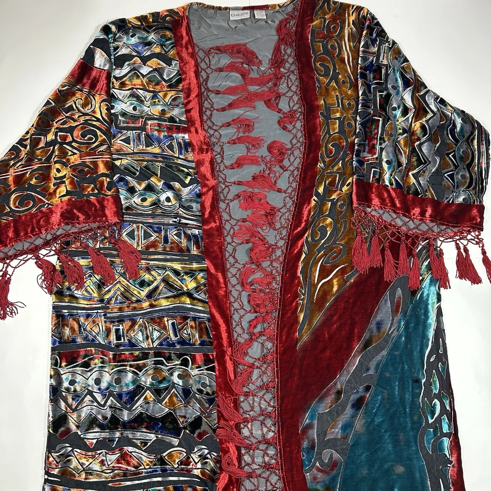 Plumero Kimono CHICO’s Artístico Abstracto Burnout Terciopelo Cuentas Borla Flecos Talla M/L Foto 3 de 4