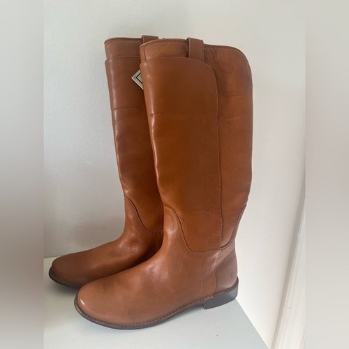 NEW π Frye Women Paige Tall Riding Boots Stacked Heel Cognac Brown 7.5 - Picture 2 of 11