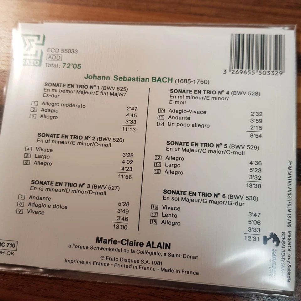 MARIE-CLAIRE ALAIN bach 6 sonates en trio VG/VG+ (CD Album, Klassik, Erato) - Bild 3 von 3