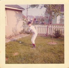 Vtg 60s Little League Baseball Photo Red Piping Uniform Backyard Batting Stance