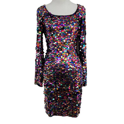 Oleg Cassini Black Tie Vintage Sequin Dress Size 4 Rainbow Long Sleeve Party