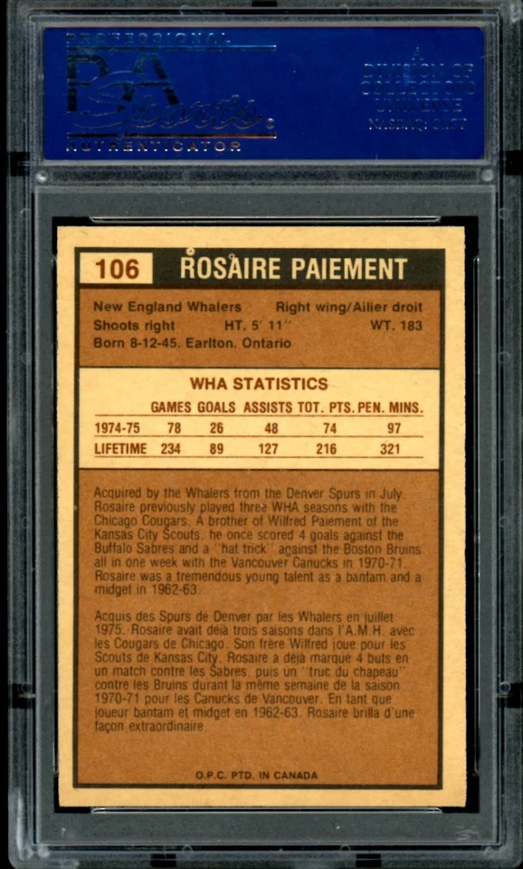 1975-76 OPC O PEE CHEE WHA #106 ROSAIRE PAIEMENT PSA 9 MINT NEW ENGLAND Whalers - Image 2 of 2