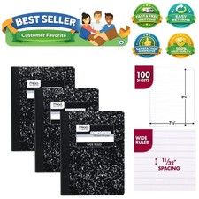 Composition Notebook, 3 Pack, Wide Ruled Paper, 7-1/2" x 9-3/4", 100 Sheets p...