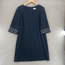 Calvin Klein Dress Womens 12 Black Shift V Neck Beaded Pearl 3/4 Sleeves Stretch