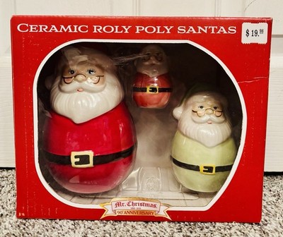 Mr. Christmas Roly Poly Santas 90th Anniversary Figurine Set Of 3 Santa Claus