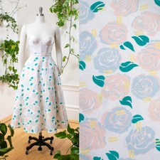 Vintage 1980s 1990s Skirt 80s 90s Pastel Rose Floral Linen Cotton White Skirt