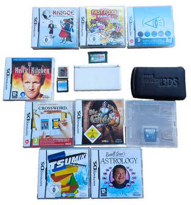 Nintendo DS Lite Weiß   mit Spielen, Hülle & R4-Karte (ohne SD) 