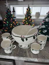 Vintage Ucagco Ceramic Punch Bowl Ladle Cups Holly Embossed Fruit Christmas