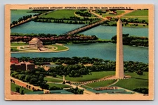 Vintage Linen Postcard Washington Monument & Jefferson Memorial Tidal Basin