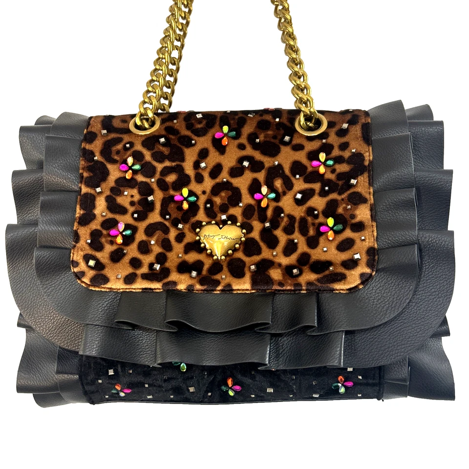 Bolso de Hombro Betsey Johnson Leopardo Volantes Correa de Cadena Estrás Adornado
