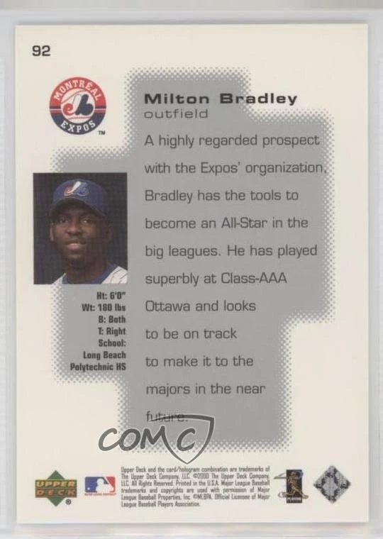 2000 Upper Deck Pros & Prospects Prospective Superstars /1350 Milton Bradley #92 - Image 2 of 2