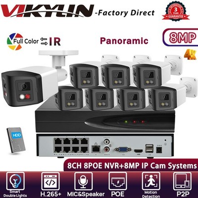VIKYLIN 8CH 8POE NVR Color+IR 180°VIEW 8MP 4K IP CAMERA Systems MIC&Speaker Lot