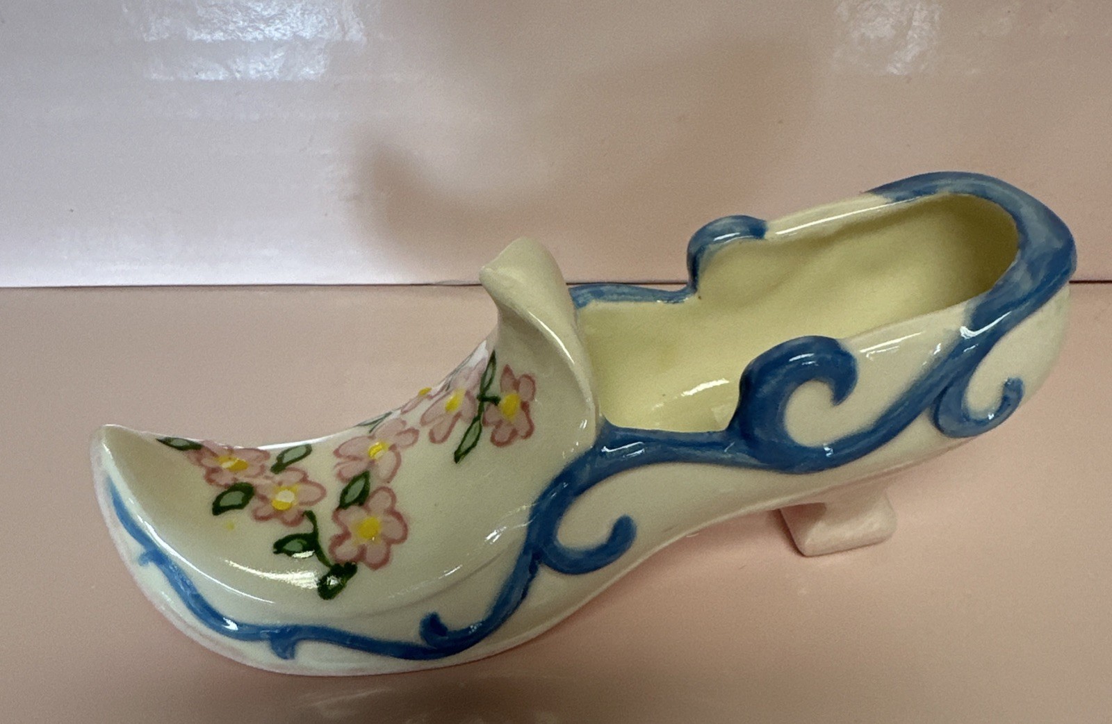 SAOLA Scarpa pantofola ceramica porcellana blu floreale vintage 6” articolo da collezione suola rosa