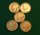 Lot of Five (5) Circ. 90% Silver Mercury Dimes-