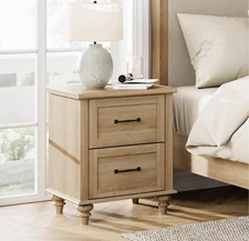 Nightstand Side Table with Charging Station, Light Wood End Table with 2 Draw...