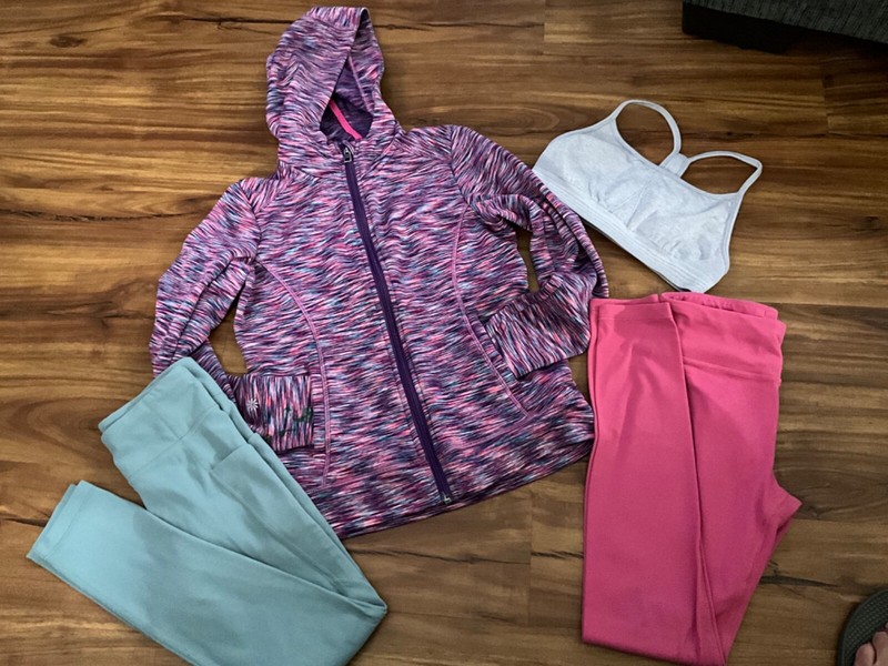 Athleta Girl Multicolored hooded Jacket, 2 Legging & Sports  Bra, size 8-10