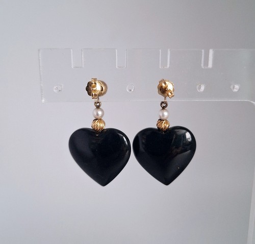 14k Gold Black Onyx Earrings Heart Dangle Vintage Post 1 5/8" Faux Pearl - Picture 4 of 11