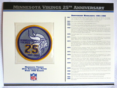 MINNESOTA VIKINGS 25th ANNIVERSARY NFL PATCH STAT CARD Willabee & Ward WORN 1985