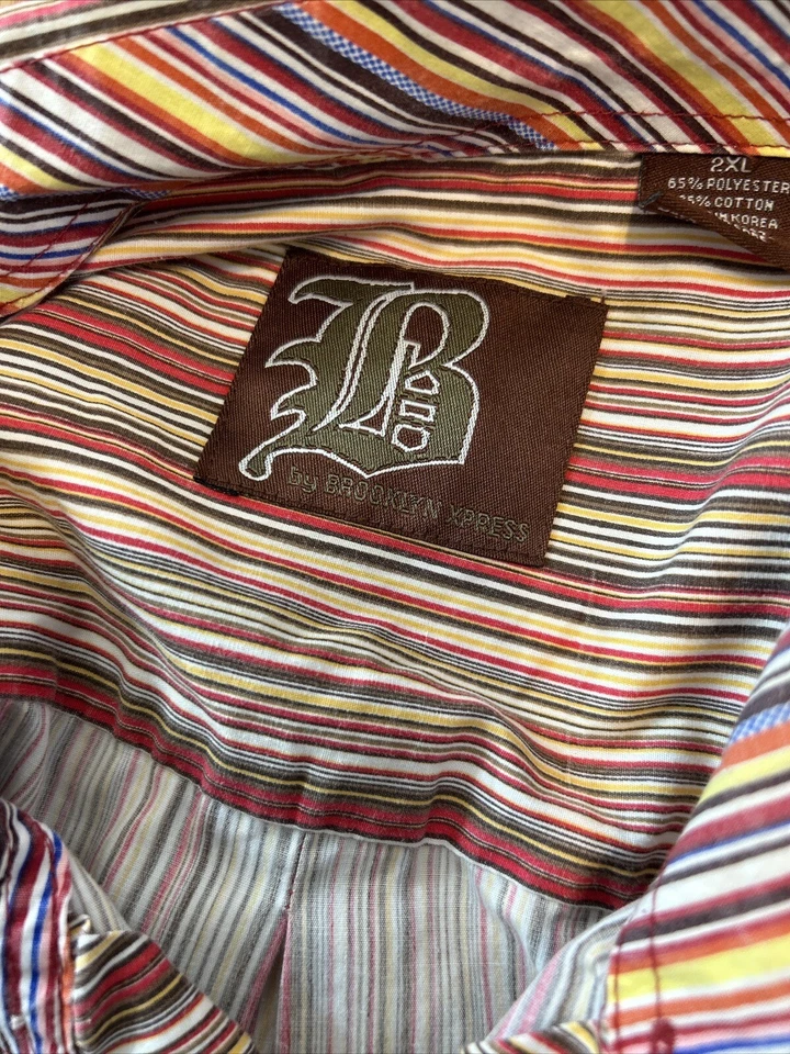 Brooklyn Express Mens Size 2XL Brown Orange Striped Shirt Button Up Flip Cuffs - Image 2 of 4