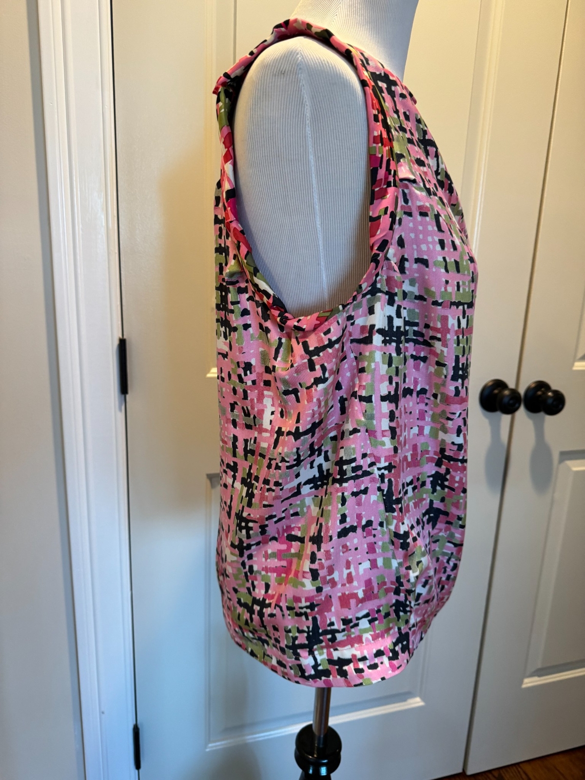 Top blusa senza maniche Yves Saint Laurent rosa seta multi stampa taglia Fr 42 US 10